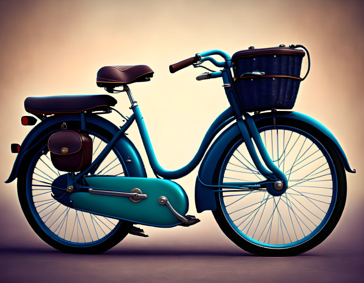 Classic Blue Bicycle with Front Basket and Leather Saddle on Gradient Background