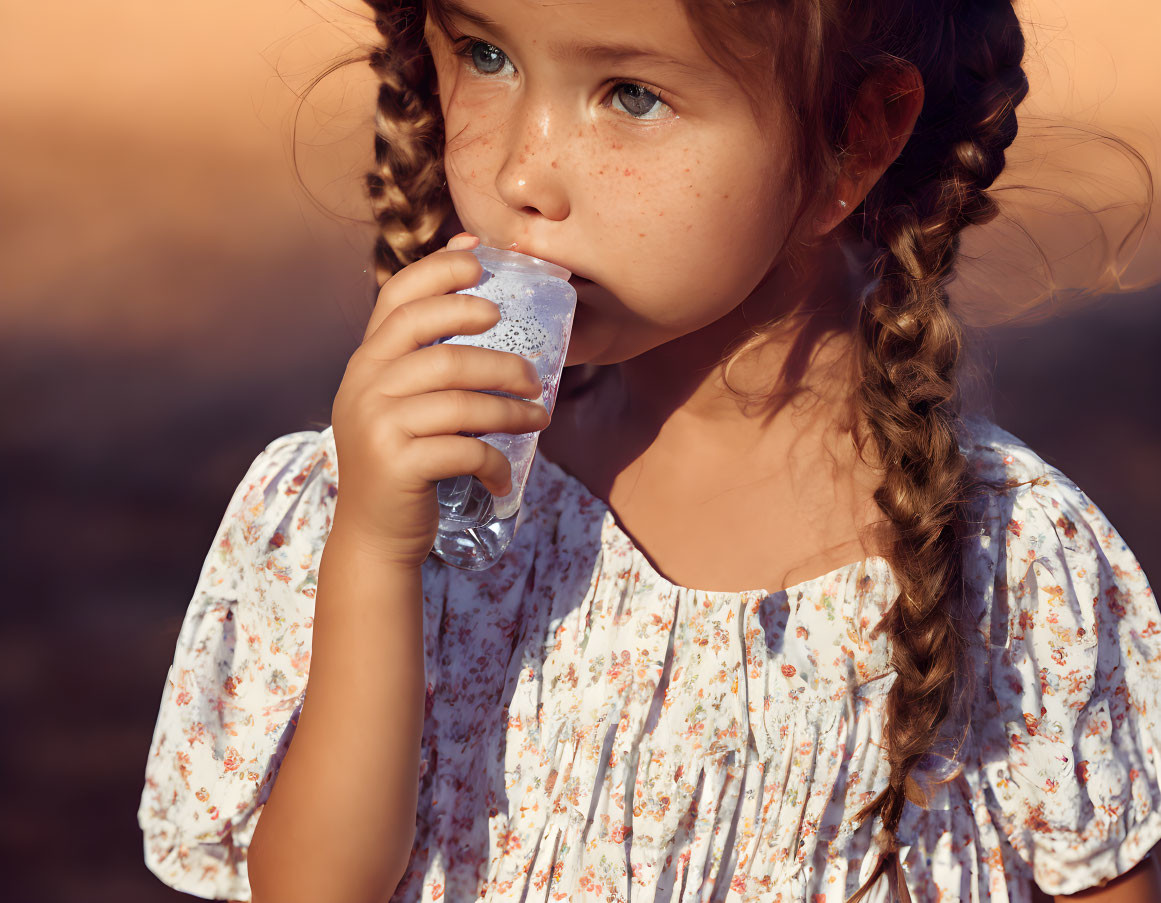 Young girl with braided hair drinking from a glass in warm lighting