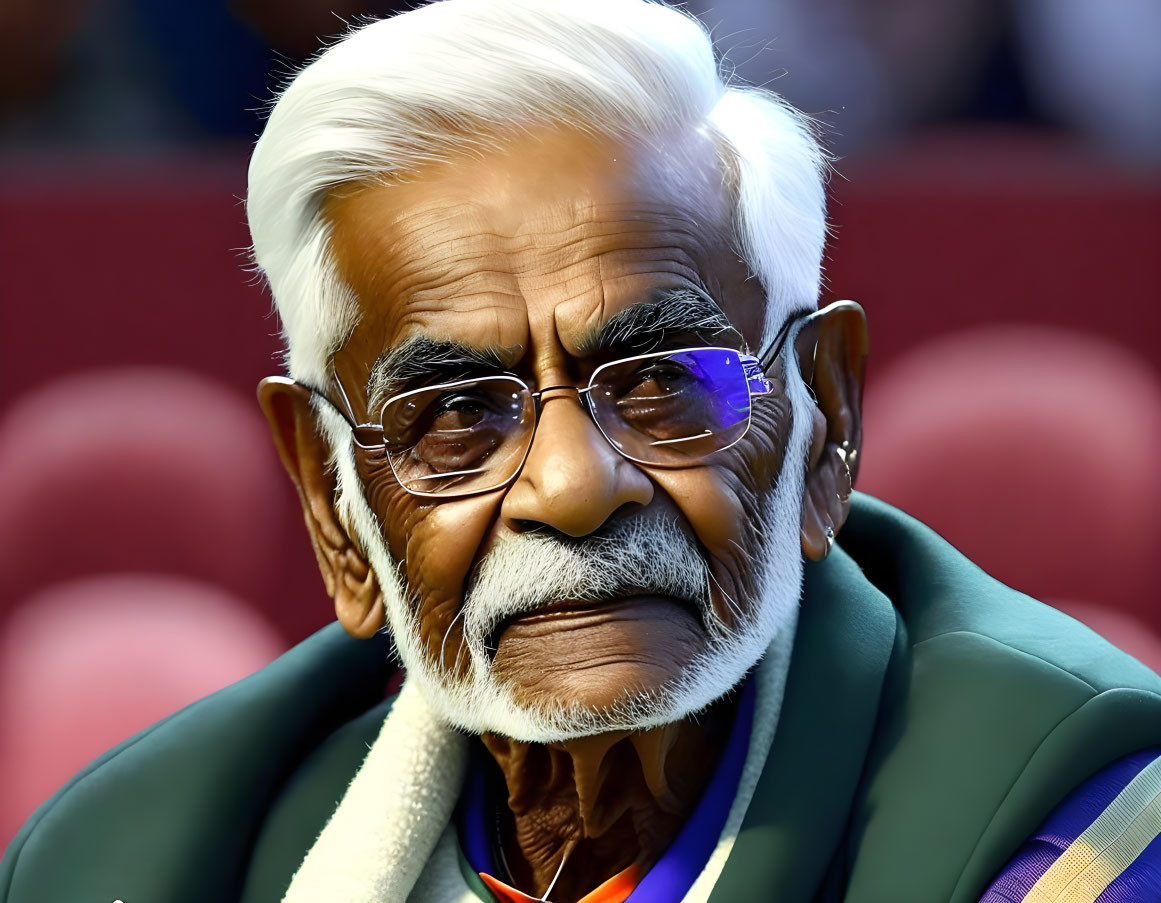 Elderly man with white beard and glasses in thoughtful gaze