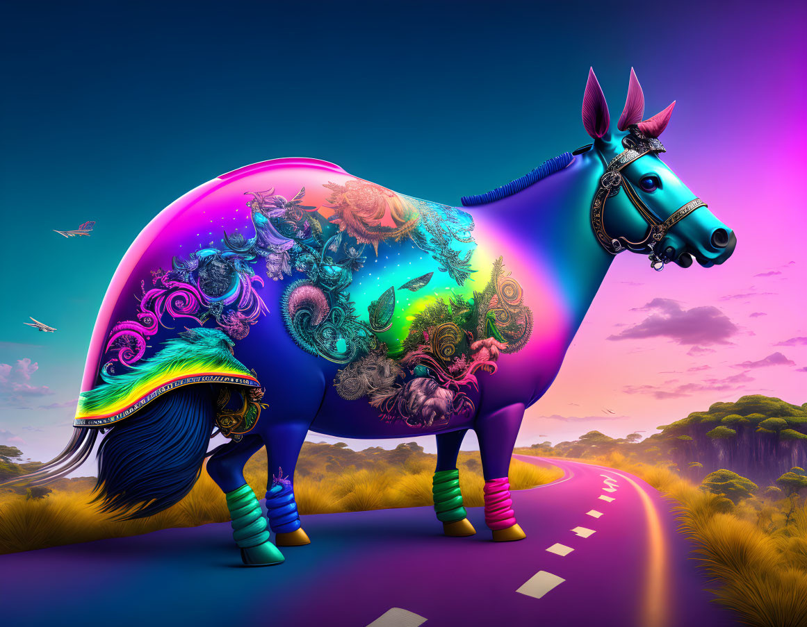 Vividly Colored Horse Art with Cosmic and Floral Patterns