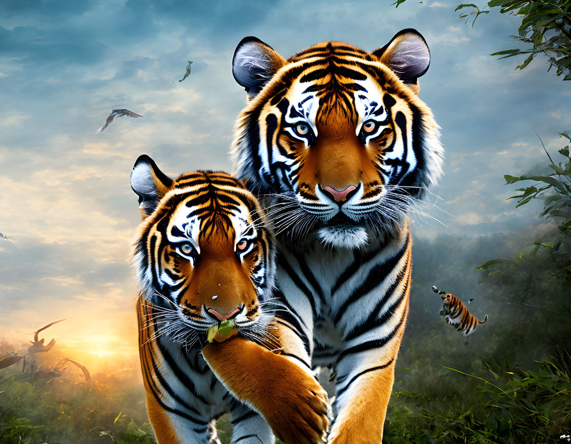 Two tigers in grassy field under dramatic sky