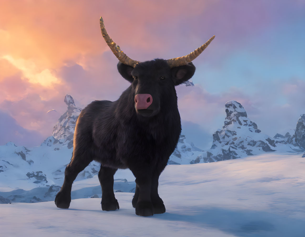 Fantastical bovine creature with golden horns in snowy landscape