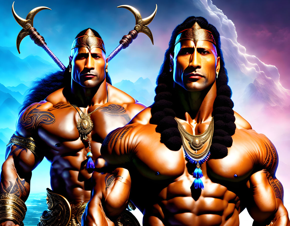 Muscular animated characters in tribal attire under stormy sky