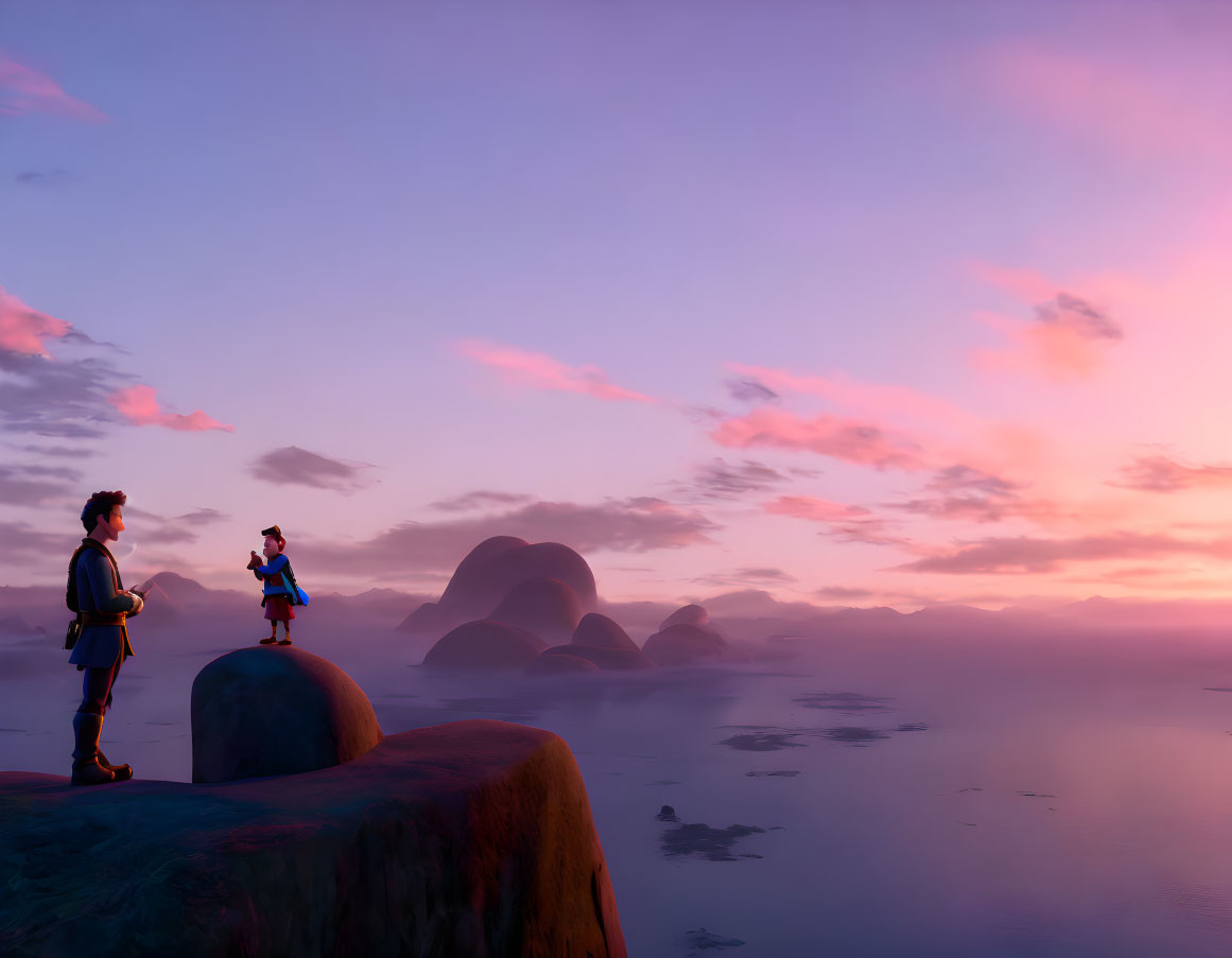 Animated characters on cliff overlooking serene sea at sunrise