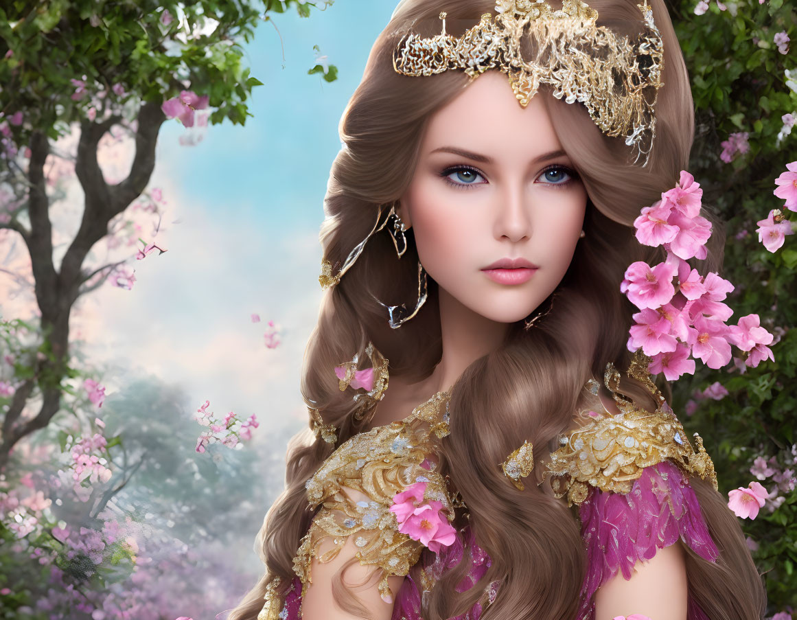 Fantasy portrait of woman with blue eyes in golden tiara and earrings among blossoming trees