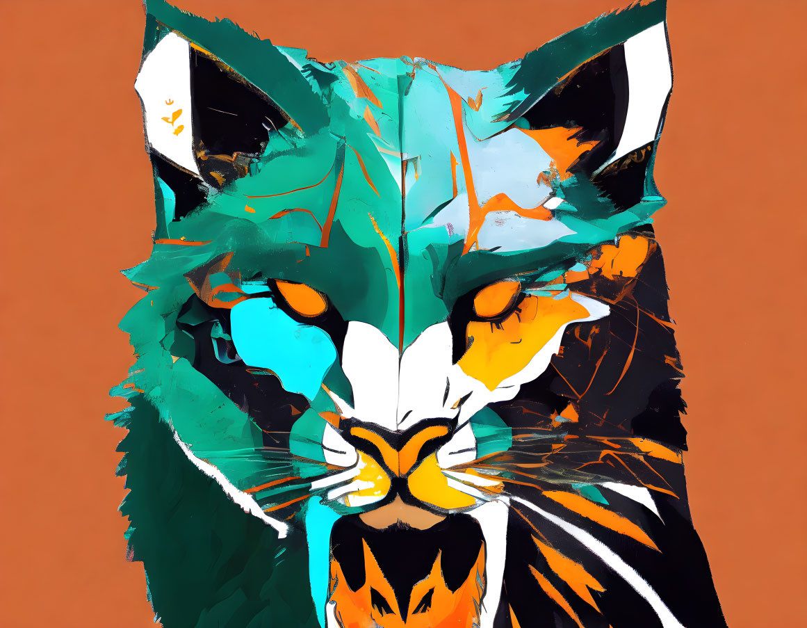 Vibrant abstract tiger face illustration with orange, black, and teal shapes on rust background