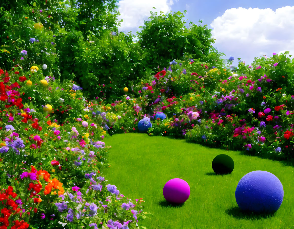 Colorful Blooming Garden Under Blue Sky with Spheres