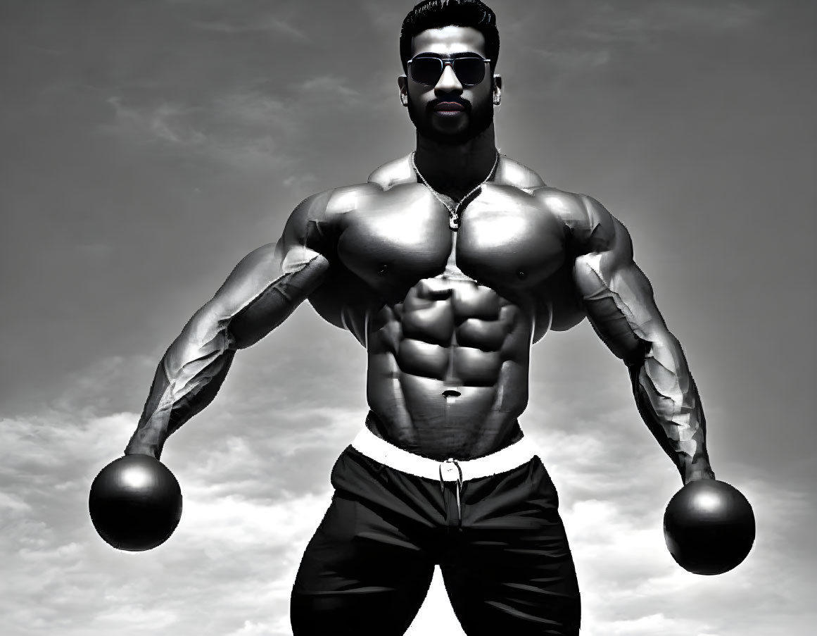 Muscular Person Holding Spherical Weights Against Cloudy Sky