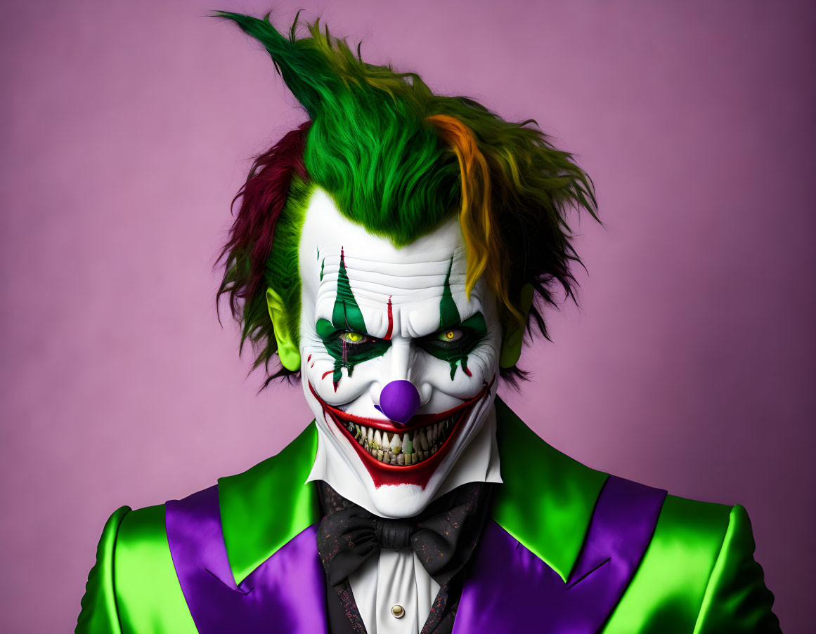 Person in Joker makeup and costume on purple background