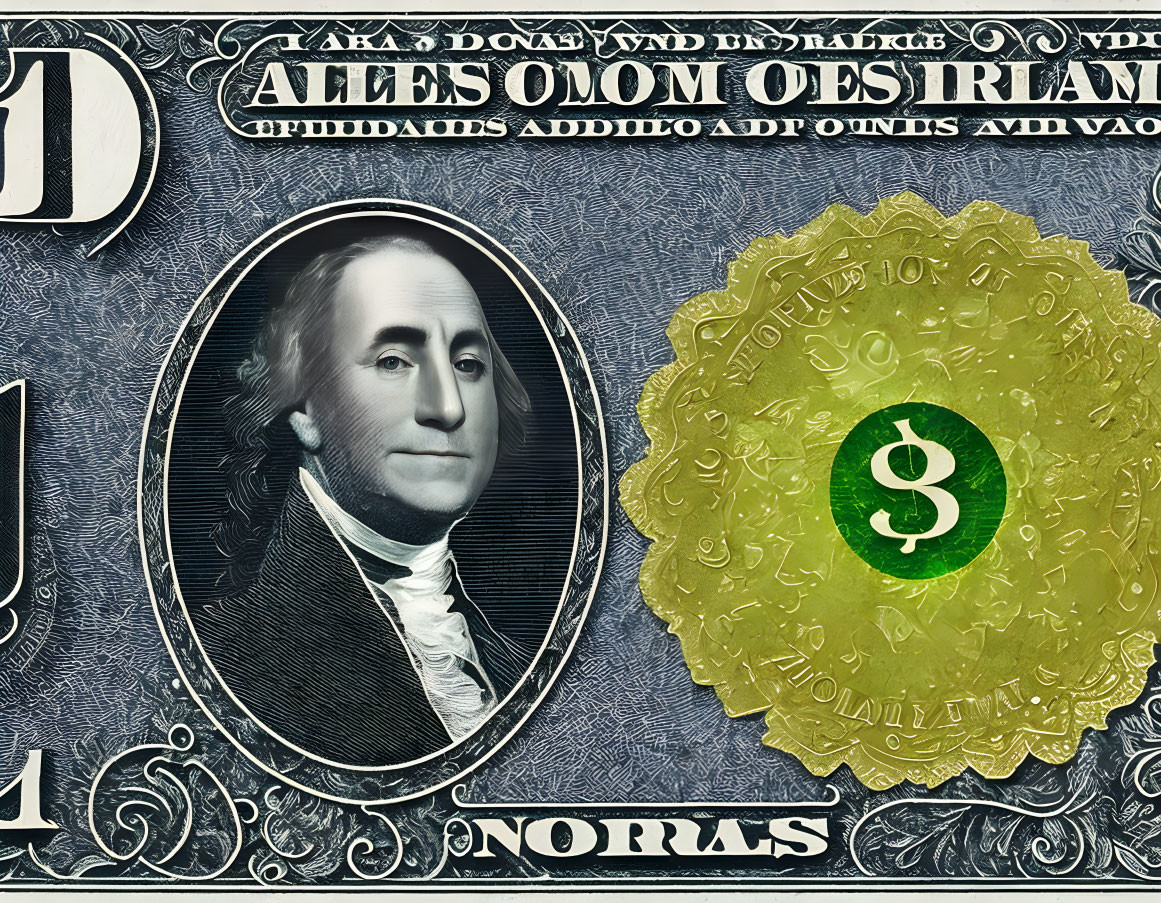 Detailed close-up of George Washington portrait on 1 dollar bill with golden seal overlay