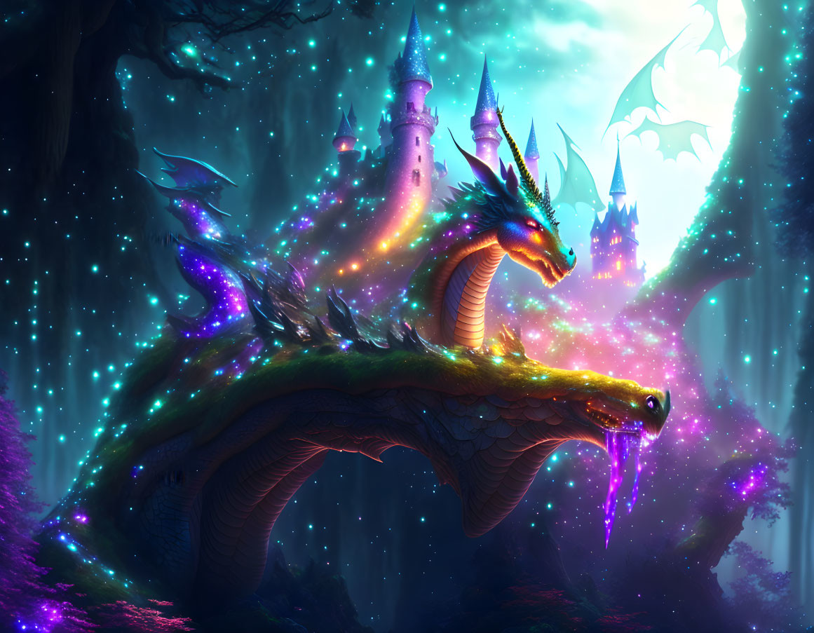 Multicolored dragon in enchanted forest with castles and blue foliage