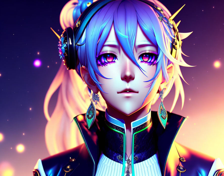 Character with Blue Hair in Elaborate Outfit and Headphones in Cosmic Setting