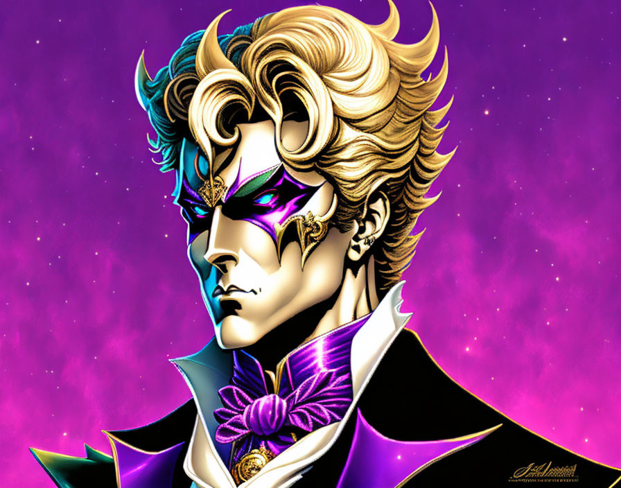 Stylized character with golden hair and mask on purple starry background in black and purple outfit.