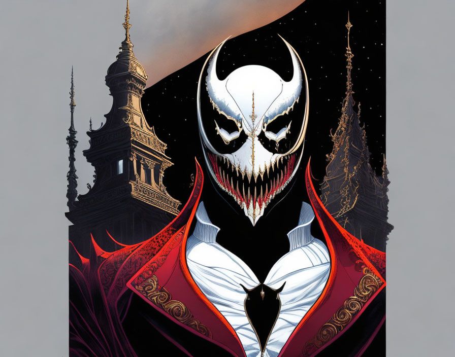 Menacing character with skull-like face in red and black cape under crescent moon.