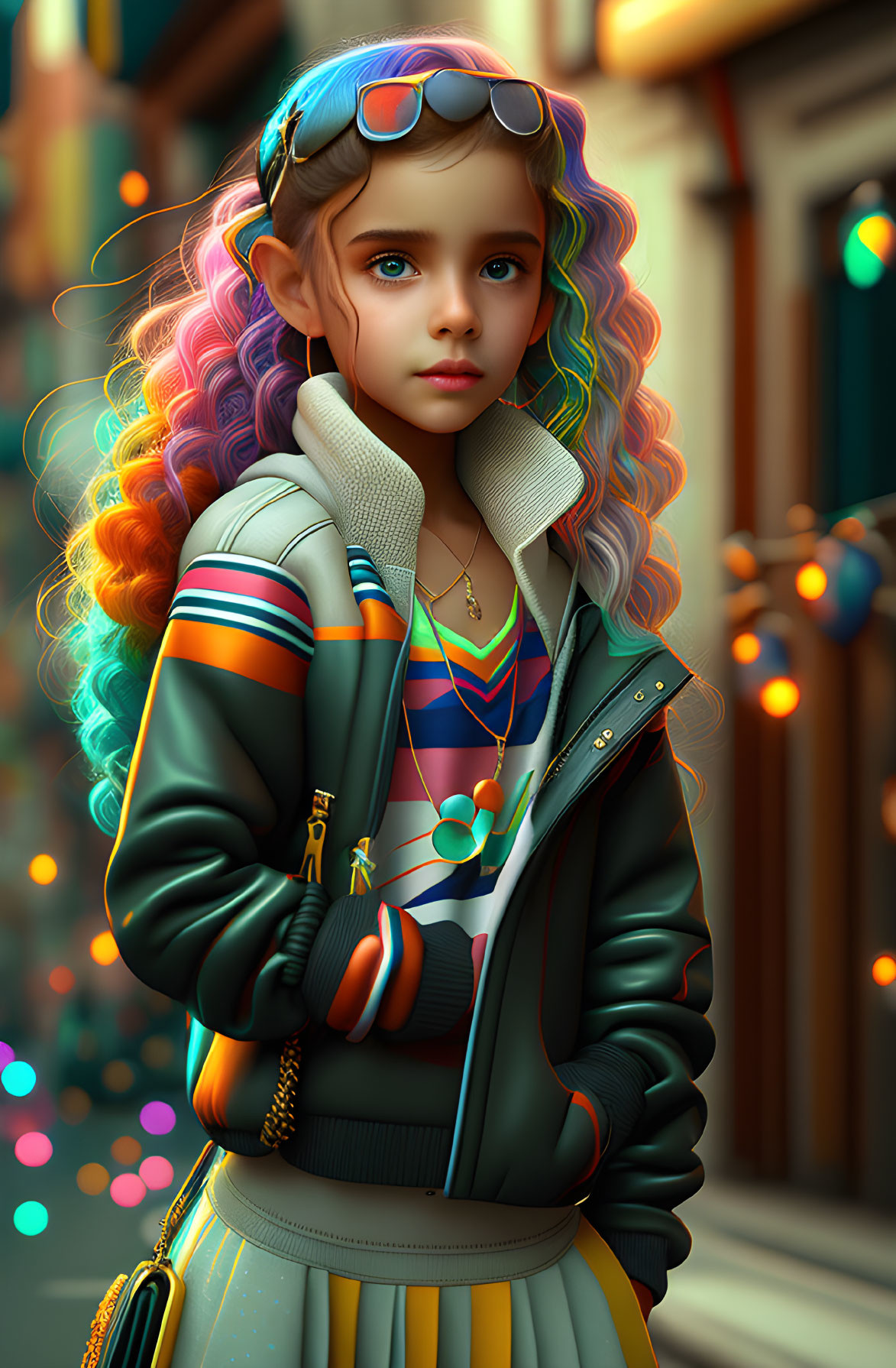 Colorful Rainbow-Haired Girl in Green Jacket with Bokeh Lights