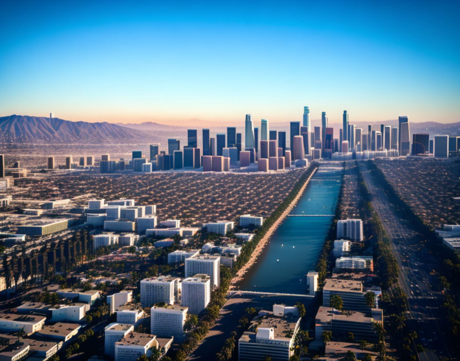 Sunlit city skyline with skyscrapers, river, and mountains at sunrise or sunset