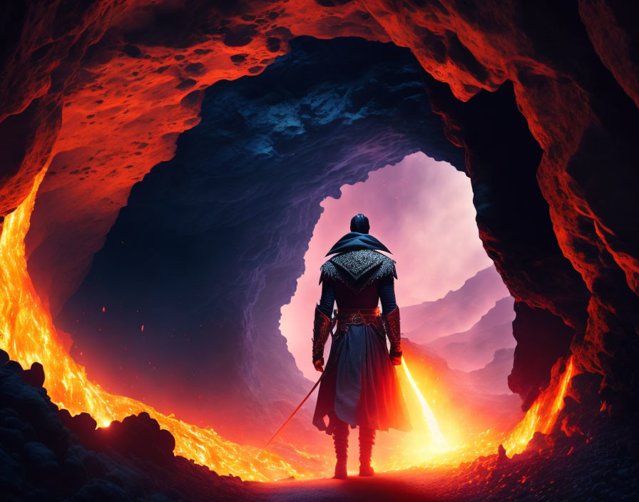 Knight at lava-filled cave entrance under red sky