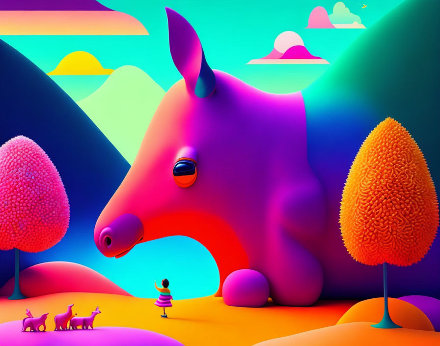 Vibrant digital artwork: Purple unicorn, figures, neon landscape