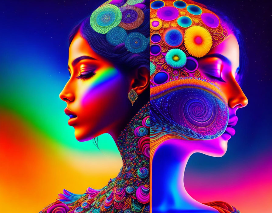 Colorful digital artwork: Woman's profiles with intricate patterns on rainbow backdrop