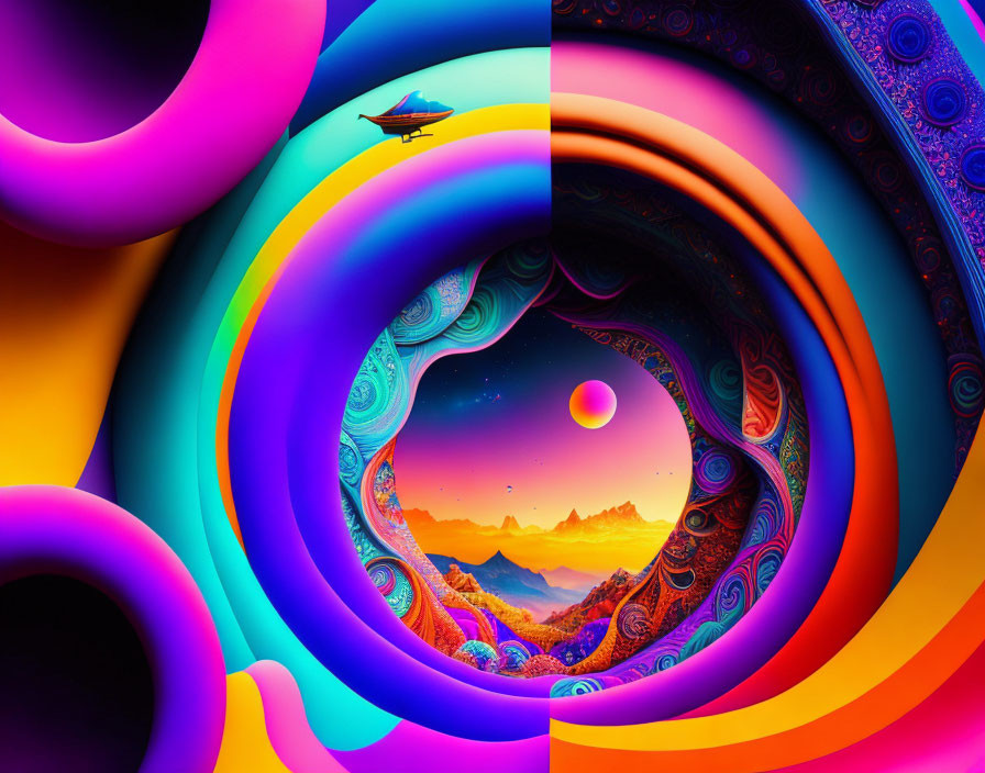 Colorful Psychedelic Digital Artwork: Swirling Portal, Boat, Vibrant Landscape