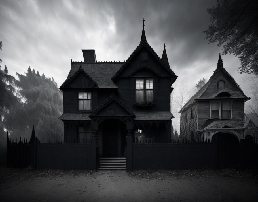 Monochrome Gothic-style house in misty forest