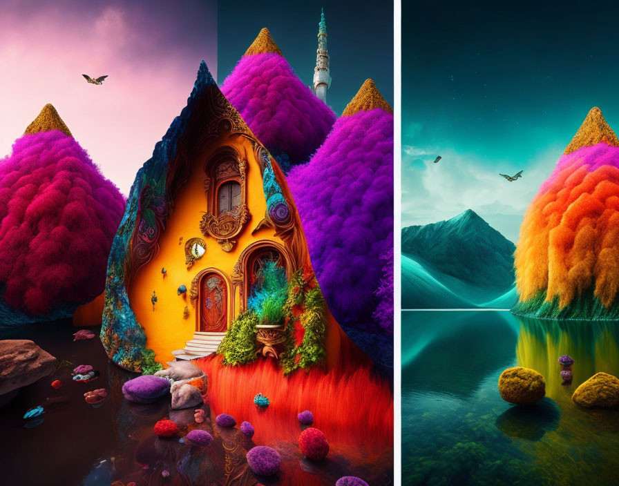 Colorful Digital Artwork: Whimsical Cone-Shaped Houses in Serene Landscape