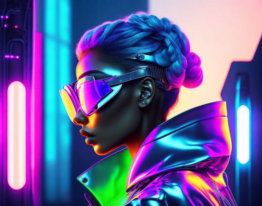 Stylish Braided Hair and Reflective Sunglasses in Neon-Lit Futuristic Scene