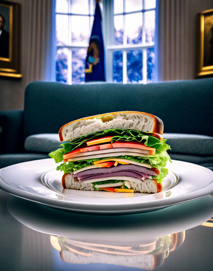 Sandwich with assorted fillings on white plate in formal room with blue chairs and curtains.