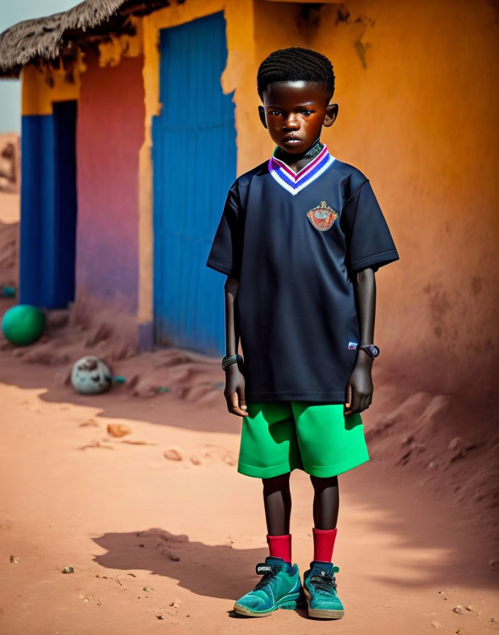 Young boy in colorful outfit standing by blue and orange mud house