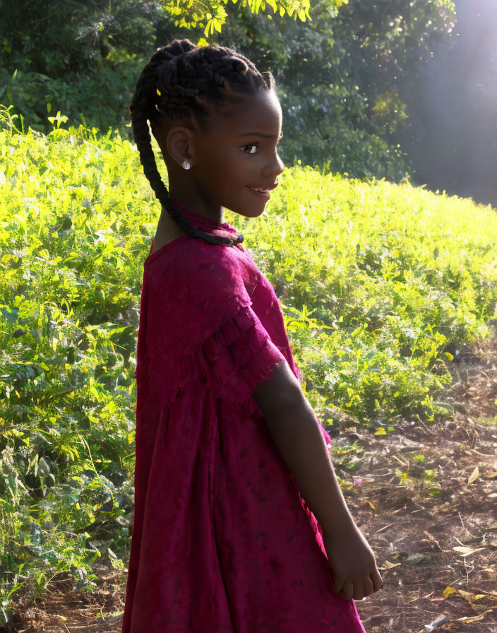 Young girl in red dress with braided hair in sunny greenery