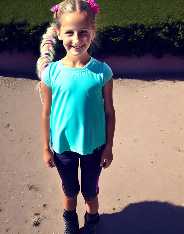 Young girl with ponytail smiling in blue top and black shorts outdoors