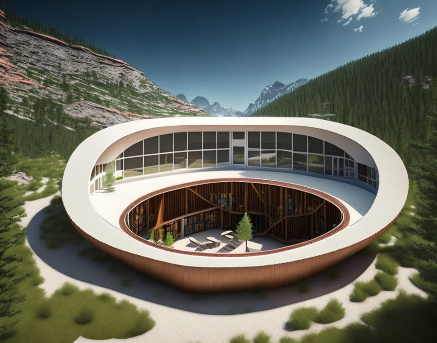 Modern Oval-Shaped Building with Large Windows in Mountain Setting