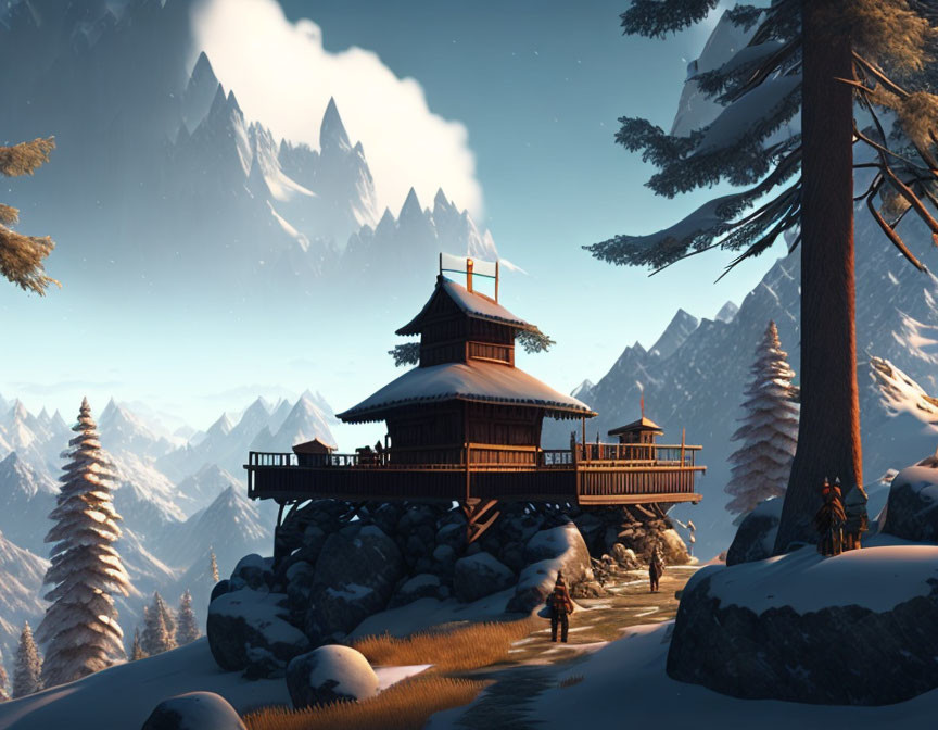 Traditional wooden pagoda-style house in snowy landscape with figures