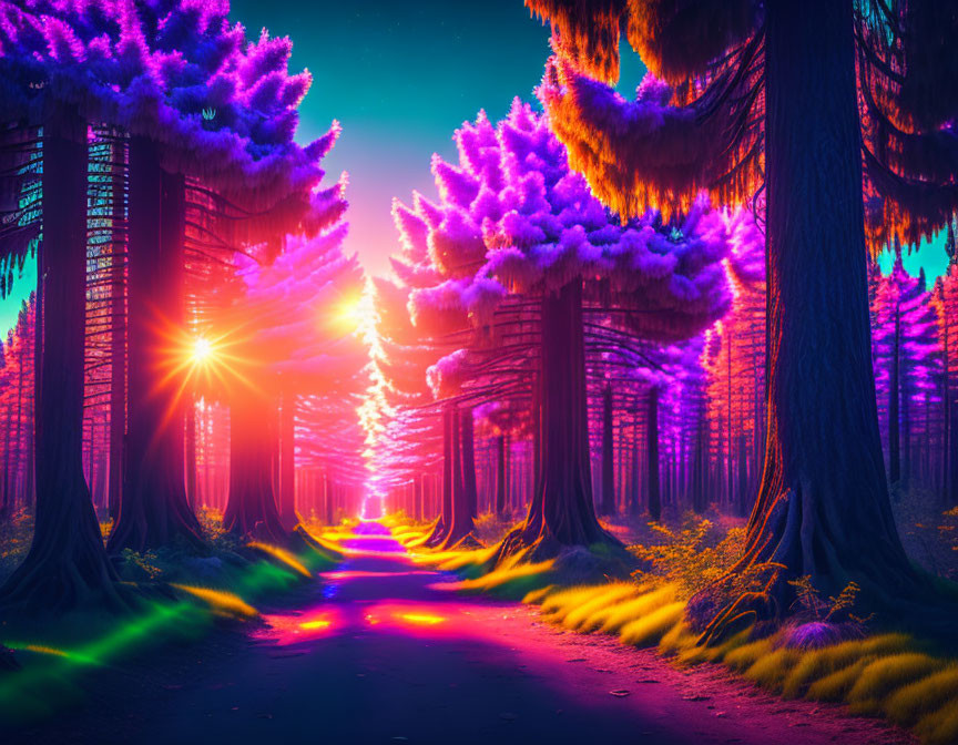 Colorful Forest with Glowing Path and Sun Rays at Dawn or Dusk