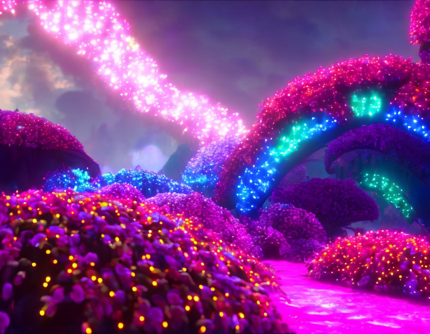 Colorful landscape with glowing vegetation and pink energy beam