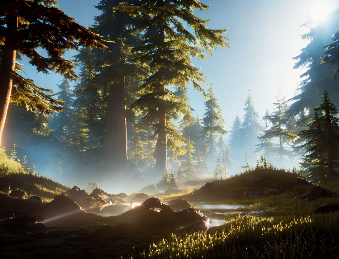 Tranquil forest landscape with sunbeams and misty rocks