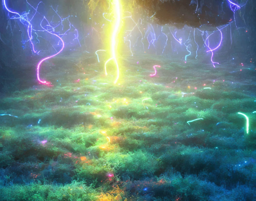 Enchanting forest with neon plants and ethereal light beams