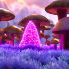 Neon-lit purple bioluminescent mushrooms on dark background