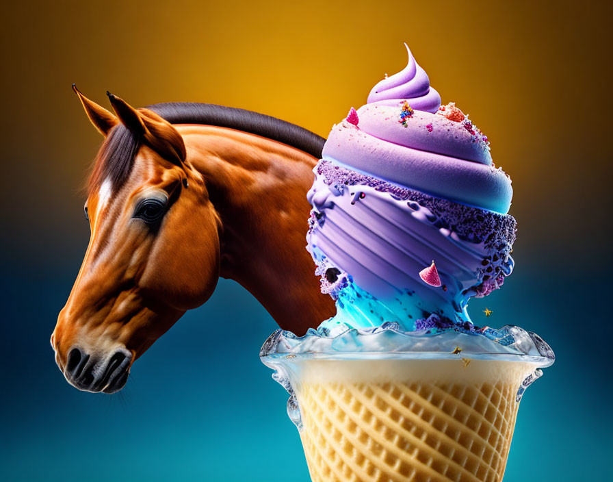 Surreal horse image with ice cream cone body and melting toppings