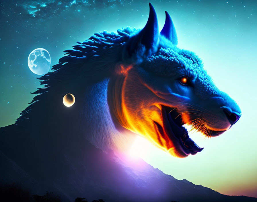 Neon blue wolf head in night sky with moon