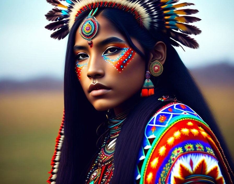 Native American Woman in Vibrant Regalia with Feathered Headdress