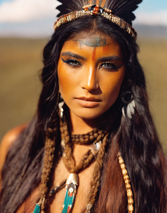 Portrait of a person in feathered headdress and jewelry against natural landscape