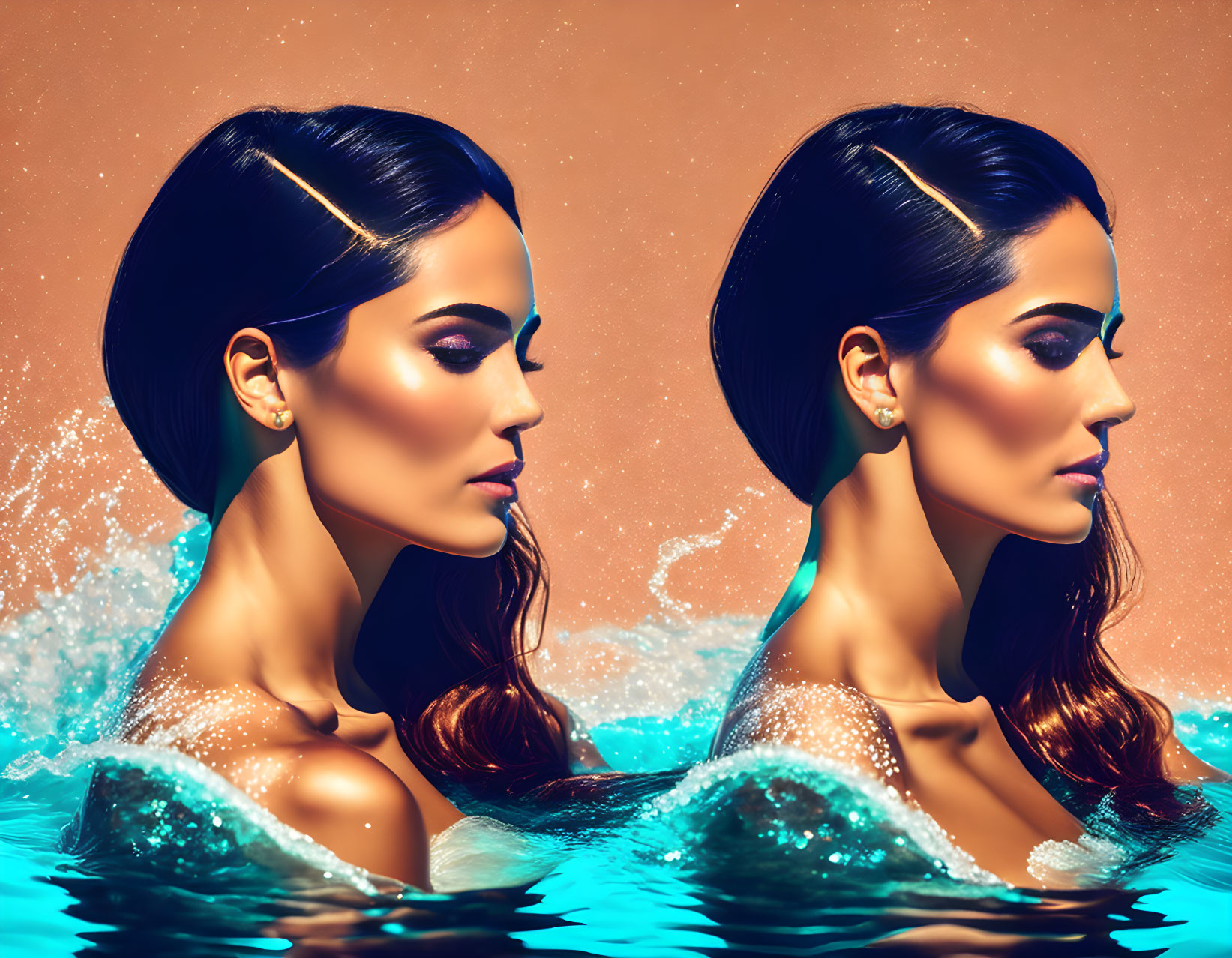 Identical woman images in water against orange backdrop