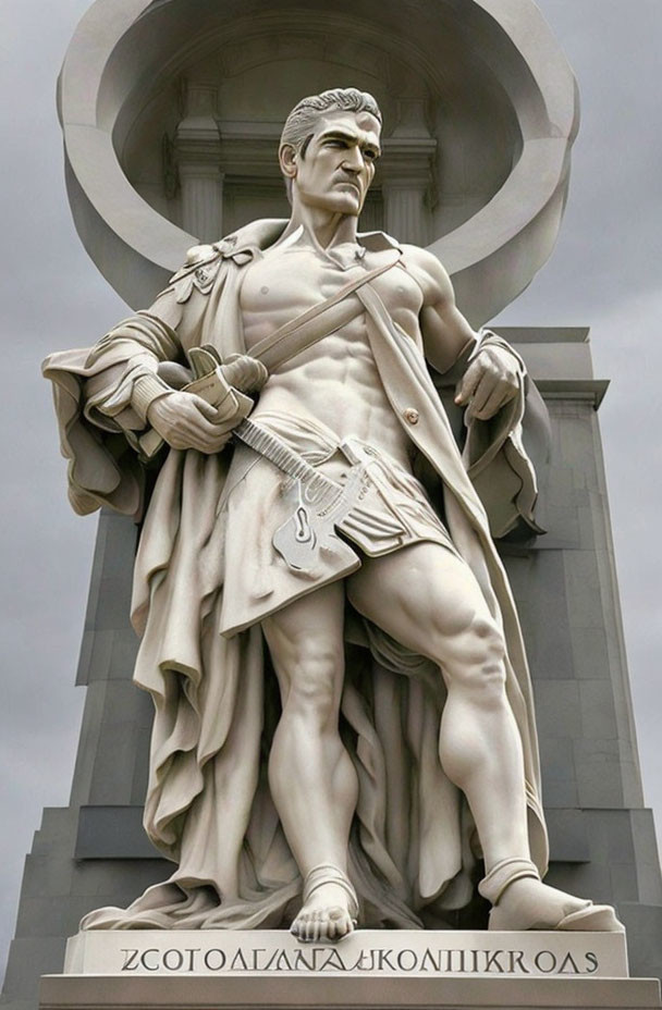 Muscular Heroic Figure Statue with Sword and Shield on Pedestal