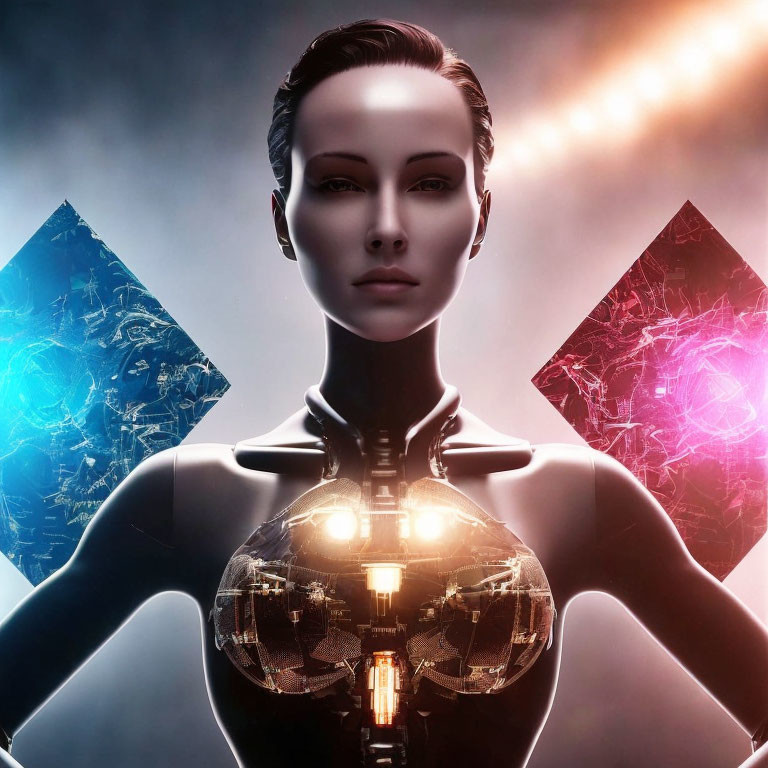 Female Android with Glass Chest and Holographic Triangles