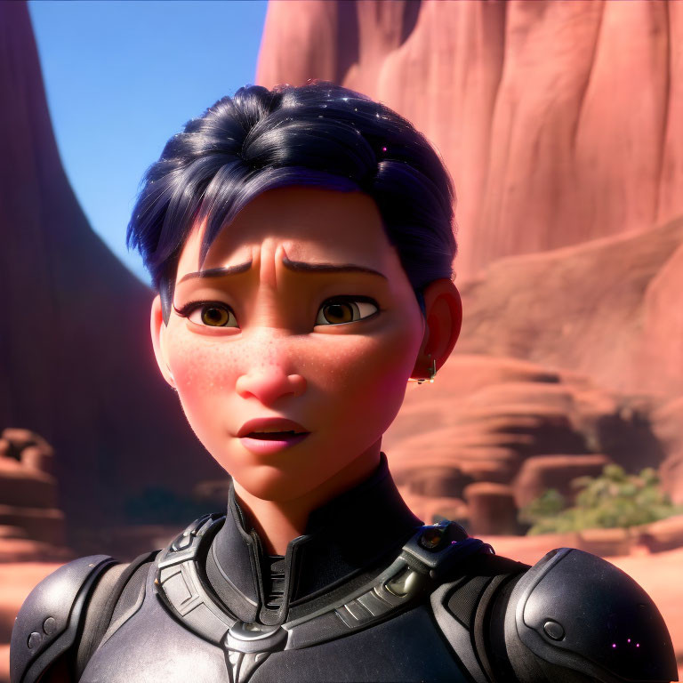 Short Blue-Haired Female Character in Futuristic Armor on Desert Background