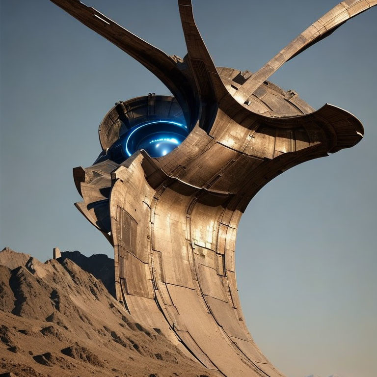 Futuristic metallic flower sculpture in barren mountain landscape