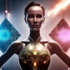 Female Android with Glass Chest and Holographic Triangles