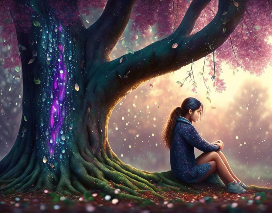 Girl sitting under large tree with glowing lights in mystical setting.