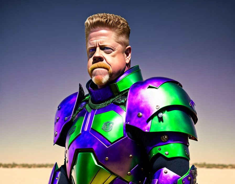 Futuristic armored man with stylized beard in desert setting